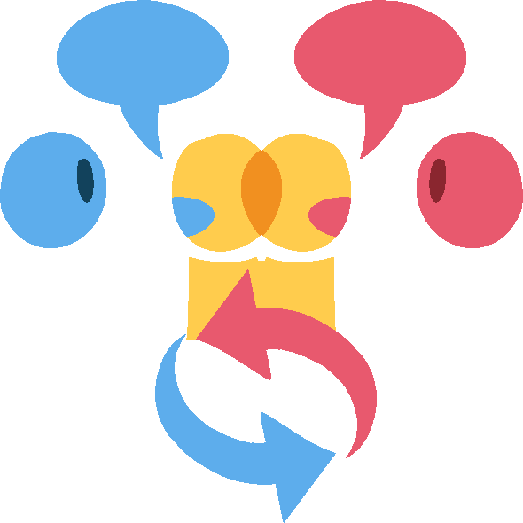 two overlapping simplified emoji-yellow figures on top of a blue and pink looping arrows symbol. one is speaking a blue speech bubble to a blue face and the other a pink speech bubble to a pink face 